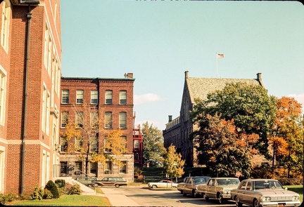 WPI in the late '60's, showing Higgins, Stratton and Boynton Halls.