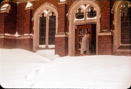 Snowy WPI, connector between Alden Memorial &amp; Riley Hall, early 1960's